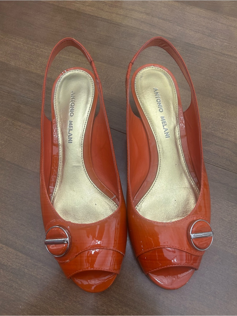 ANTONIO MELANI Orange Patent Slingback Peep-Toe Heels